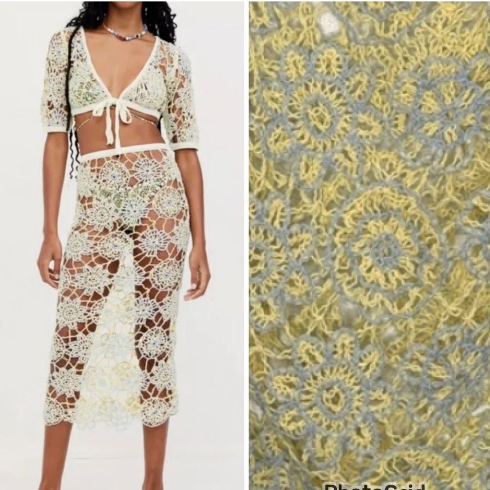 NWT For Love And Lemons Sofia Floral Yellow Blue Crochet Midi Skirt Small